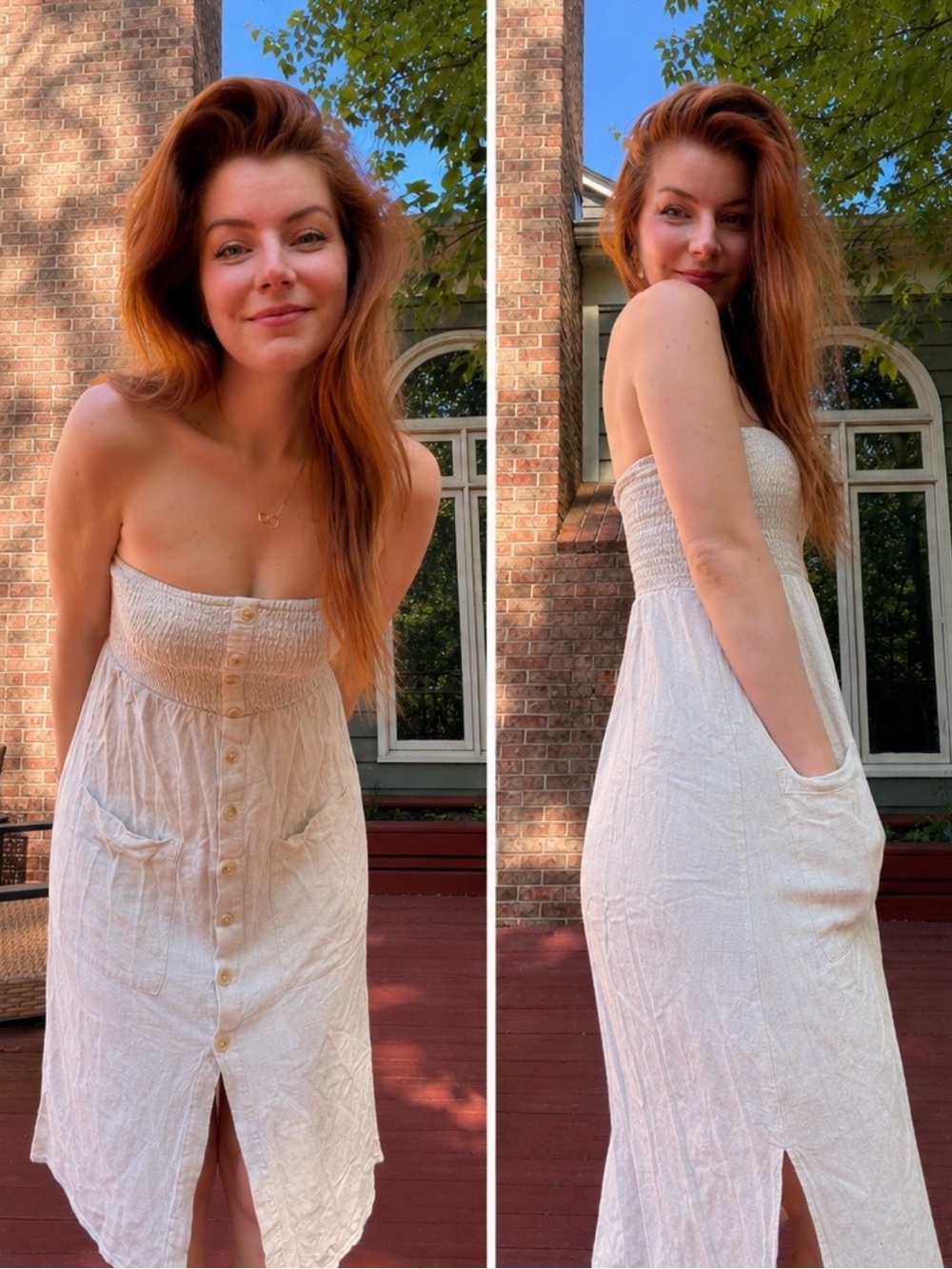 Strapless Button-Front White Midi Dress